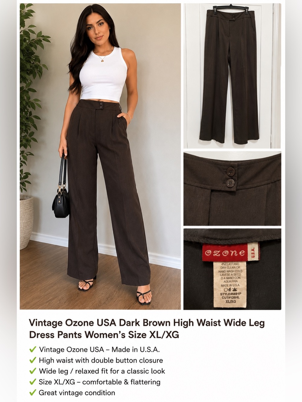 Ozone USA Dark Brown High-Waist Wide-Leg Pants vintage